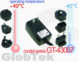 Wall plug in power supply AC Adapter operating temperature specifications upgraded to -40°C TO +40° C for applications used in extreme climates and conditions, Model series GT-43007